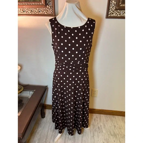 Y2K Jessica Howard Dress Brown White Polka Dot Sleeveless Midi Career Casual - Picture 15 of 16